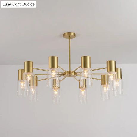 Modern Clear Glass Cylinder Hanging Lamp Kit - 6/8/10 Heads Brass Chandelier Fixture