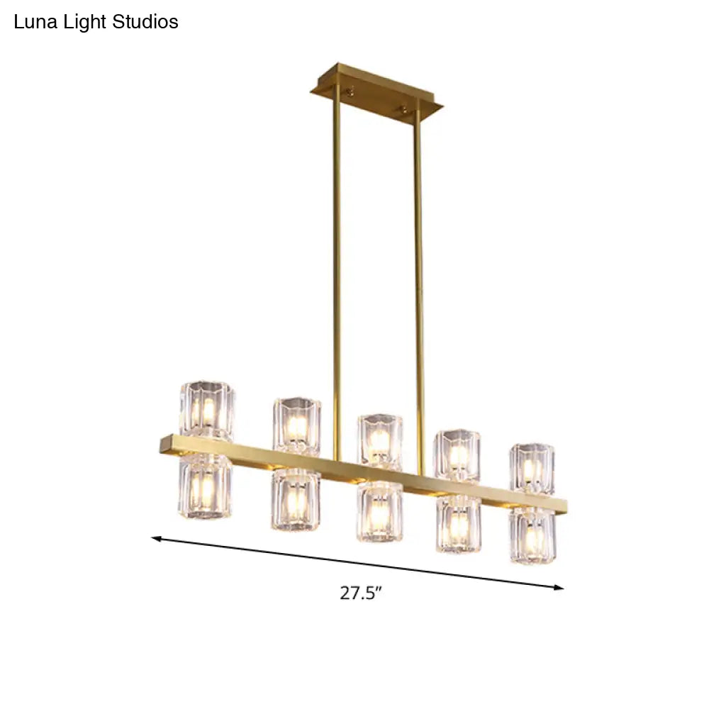 Modern Clear Glass Cylinder Island Light Fixture - 10 Head Gold Suspension Pendant For Restaurants