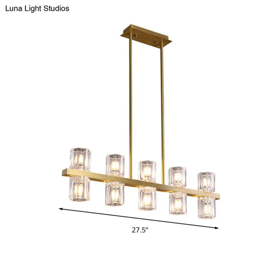 Modern Clear Glass Cylinder Island Light Fixture - 10 Head Gold Suspension Pendant For Restaurants
