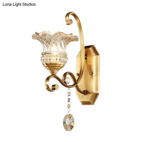 Modern Clear Glass Flower Sconce: Brass Wall Lamp With Crystal Accent - 1/2 Lights