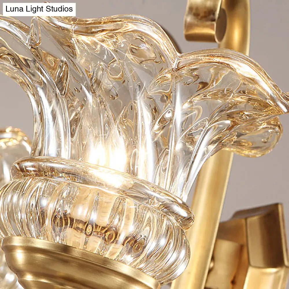 Modern Clear Glass Flower Sconce: Brass Wall Lamp With Crystal Accent - 1/2 Lights