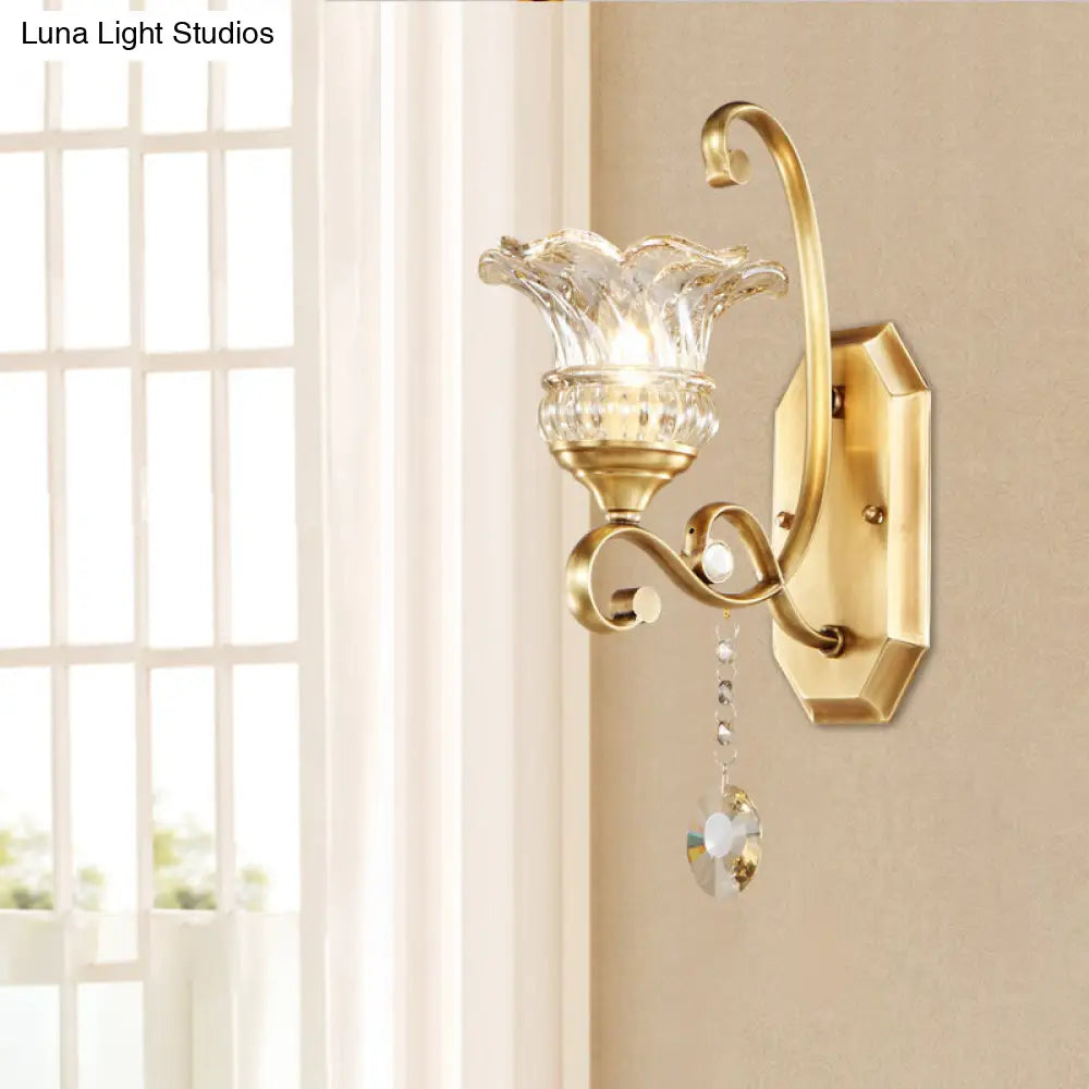Modern Clear Glass Flower Sconce: Brass Wall Lamp With Crystal Accent - 1/2 Lights