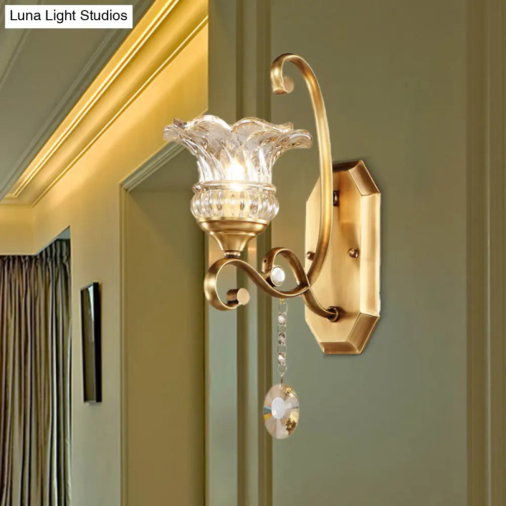 Modern Clear Glass Flower Sconce: Brass Wall Lamp With Crystal Accent - 1/2 Lights