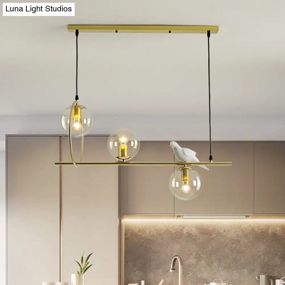 Modern Clear Glass Pendant Light Fixture With White Bird - Global Island Lamp Gold Trim 3 Heads