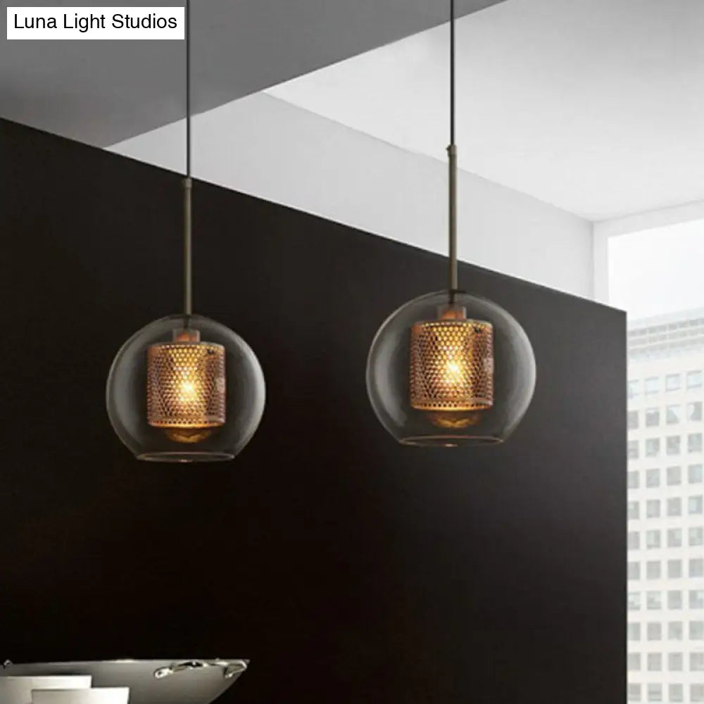 Modern Clear Glass Sphere Pendant Light With Mesh Screen