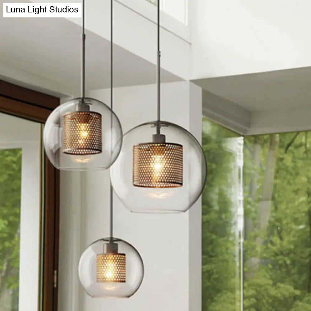 Modern Clear Glass Sphere Pendant Light With Mesh Screen - 1 Bulb Suspension Lamp