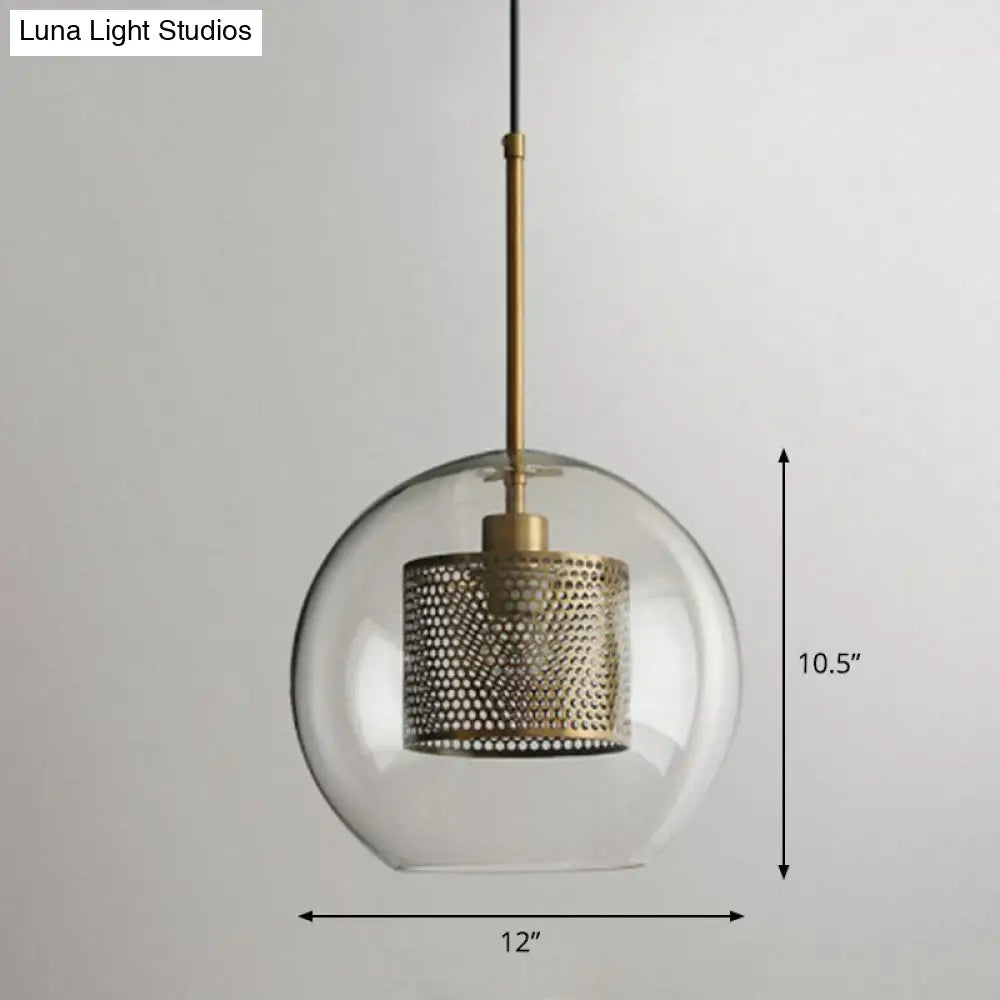 Modern Clear Glass Sphere Pendant Light With Mesh Screen - 1 Bulb Suspension Lamp