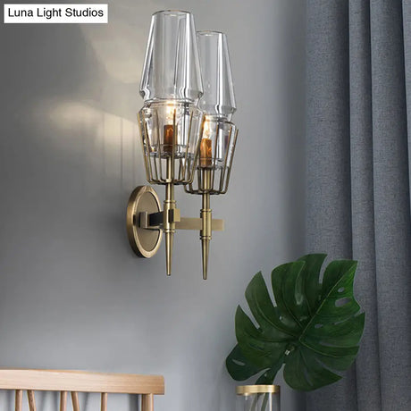 Modern Clear Glass Wall Sconce Tapered Design Gold Finish 1/2 Mount Lights