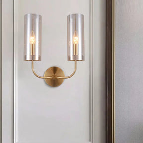 Modern Cognac Glass Cylinder Sconce Light With 2 Bulbs - Gold Wall Mount Lamp