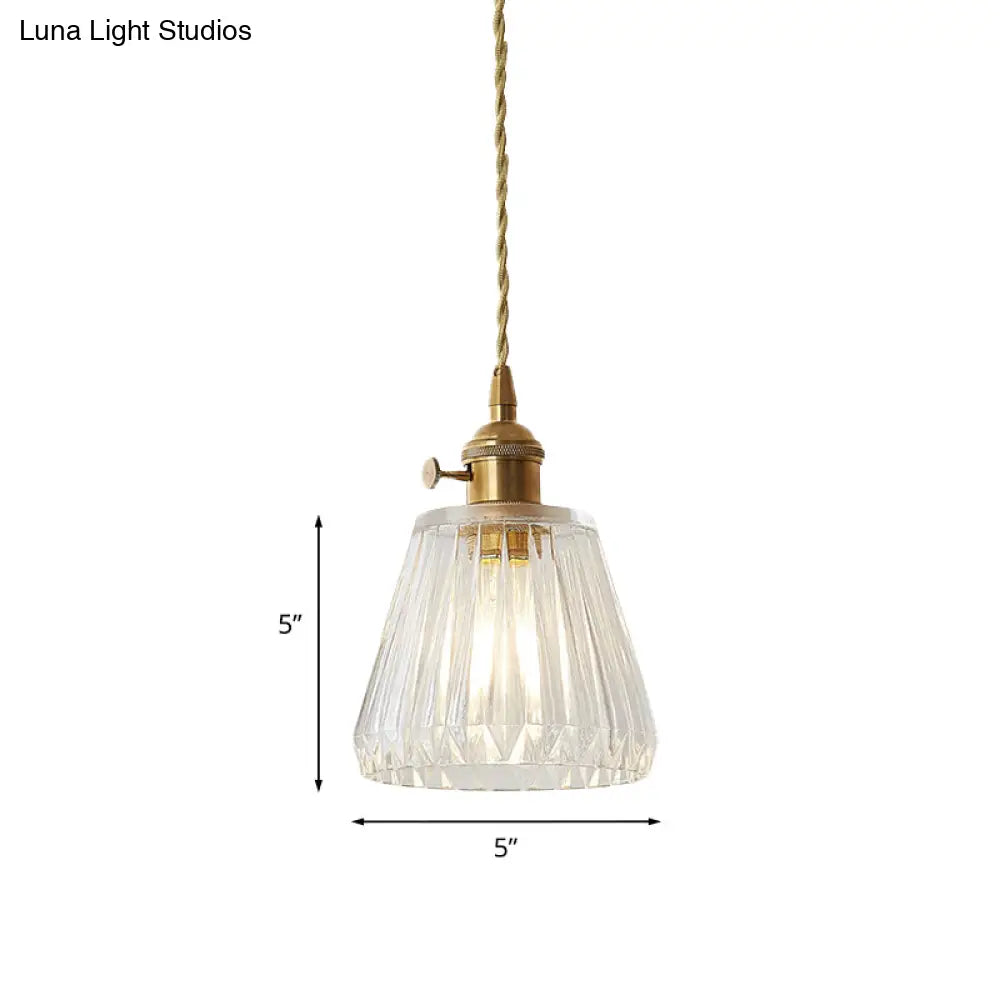 Modern Cone Hanging Ceiling Light - 1 Ribbed Glass Pendant In Brass