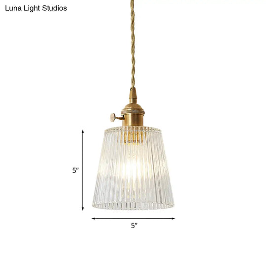 Modern Cone Hanging Ceiling Light - 1 Ribbed Glass Pendant In Brass