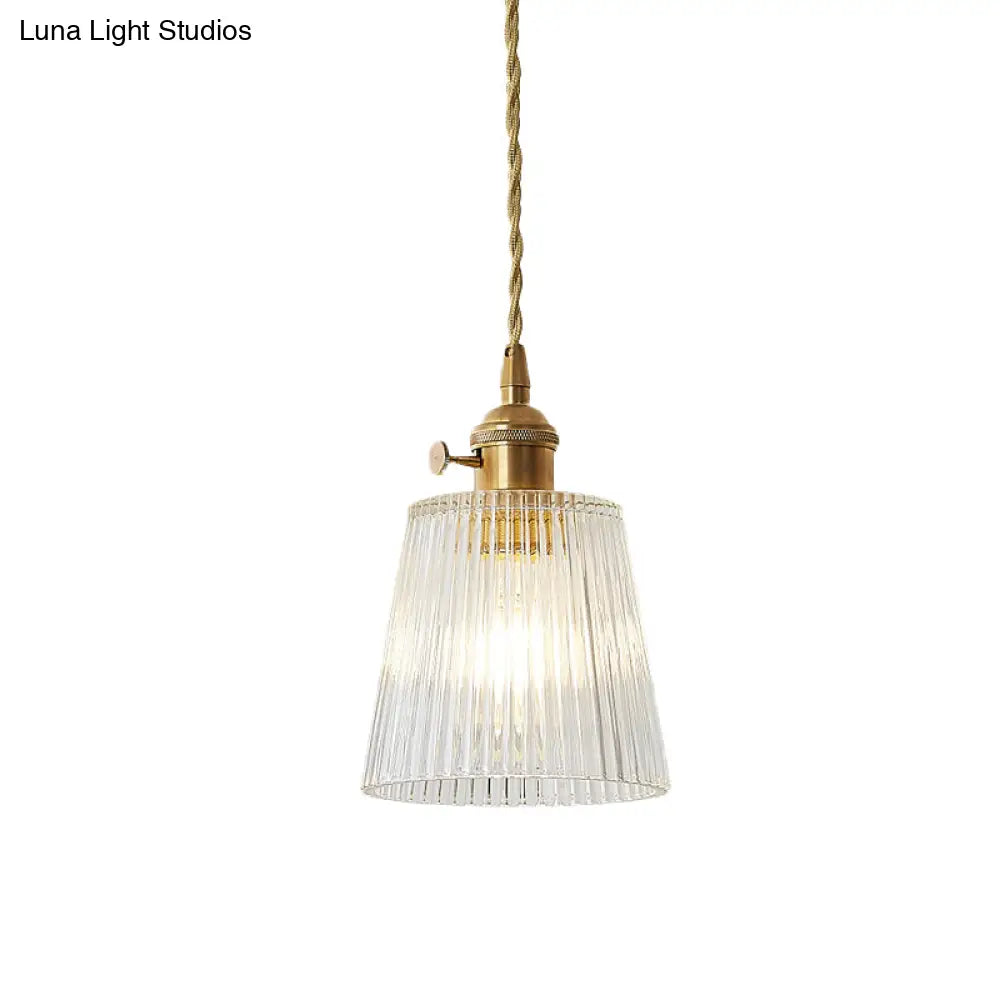 Modern Cone Hanging Ceiling Light - 1 Ribbed Glass Pendant In Brass