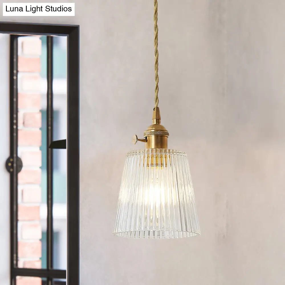 Modern Cone Hanging Ceiling Light - 1 Ribbed Glass Pendant In Brass Clear / A