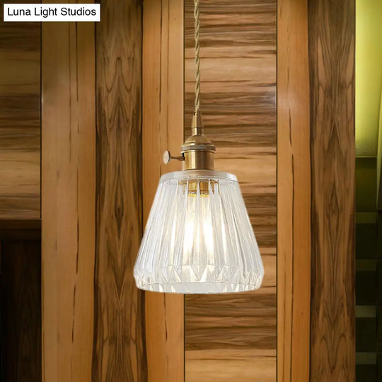 Modern Cone Hanging Ceiling Light - 1 Ribbed Glass Pendant In Brass Clear / B
