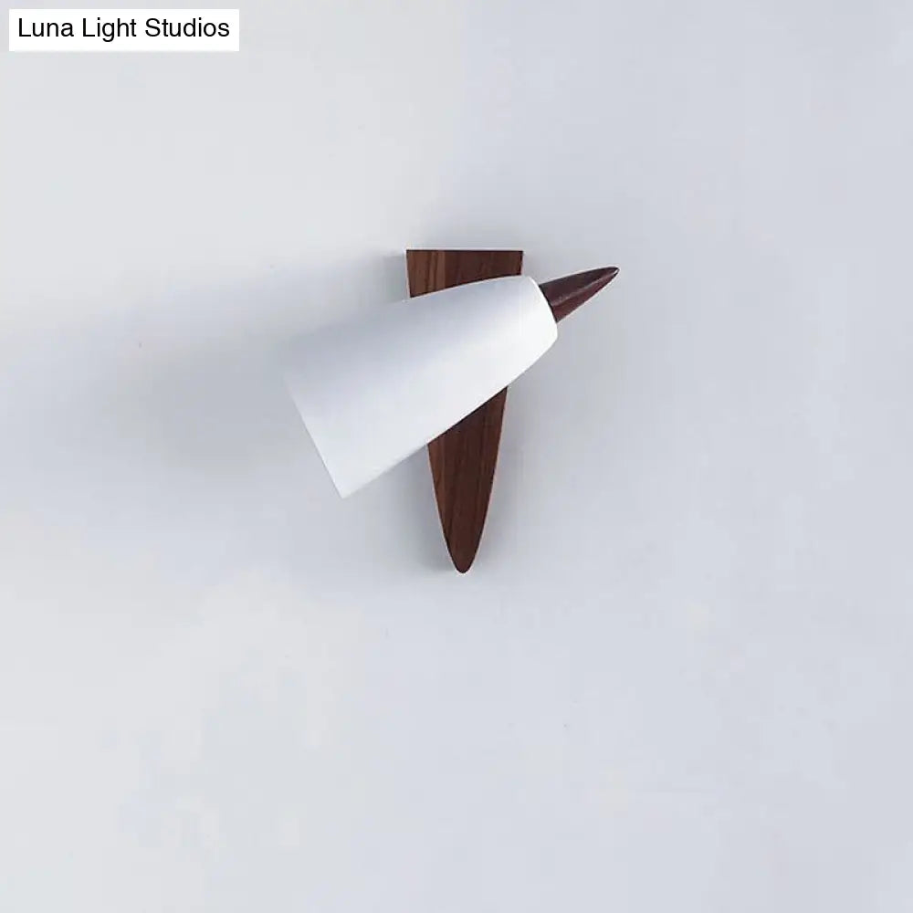 Modern Cone Metal Wall Light With Wood Backplate - White 1-Bulb Sconce Fixture