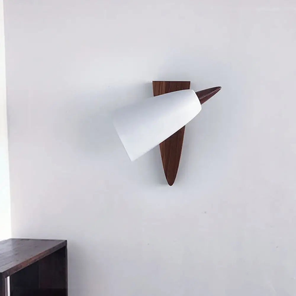 Modern Cone Metal Wall Light With Wood Backplate - White 1-Bulb Sconce Fixture