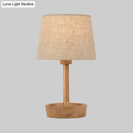 Modern Cone Shade Fabric Task Lamp - Flaxen/White Reading Light With Round Beige Wood Base