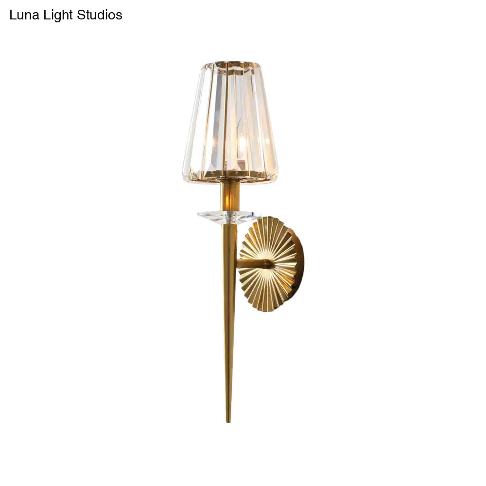 Modern Conical Wall Sconce In Gold With Clear Crystal And Metal - Perfect For Living Room Lighting