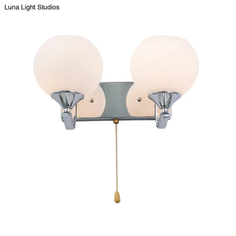 Modern Cream Glass 2-Head Wall Mount Light Fixture With Pull Chain - Chrome Lamp