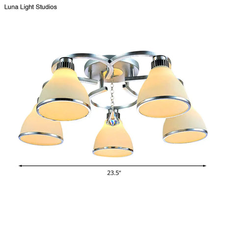Modern Crystal 5 - Light Cone Semi Flush Ceiling Light In Chrome With Opal Glass Shade For Living
