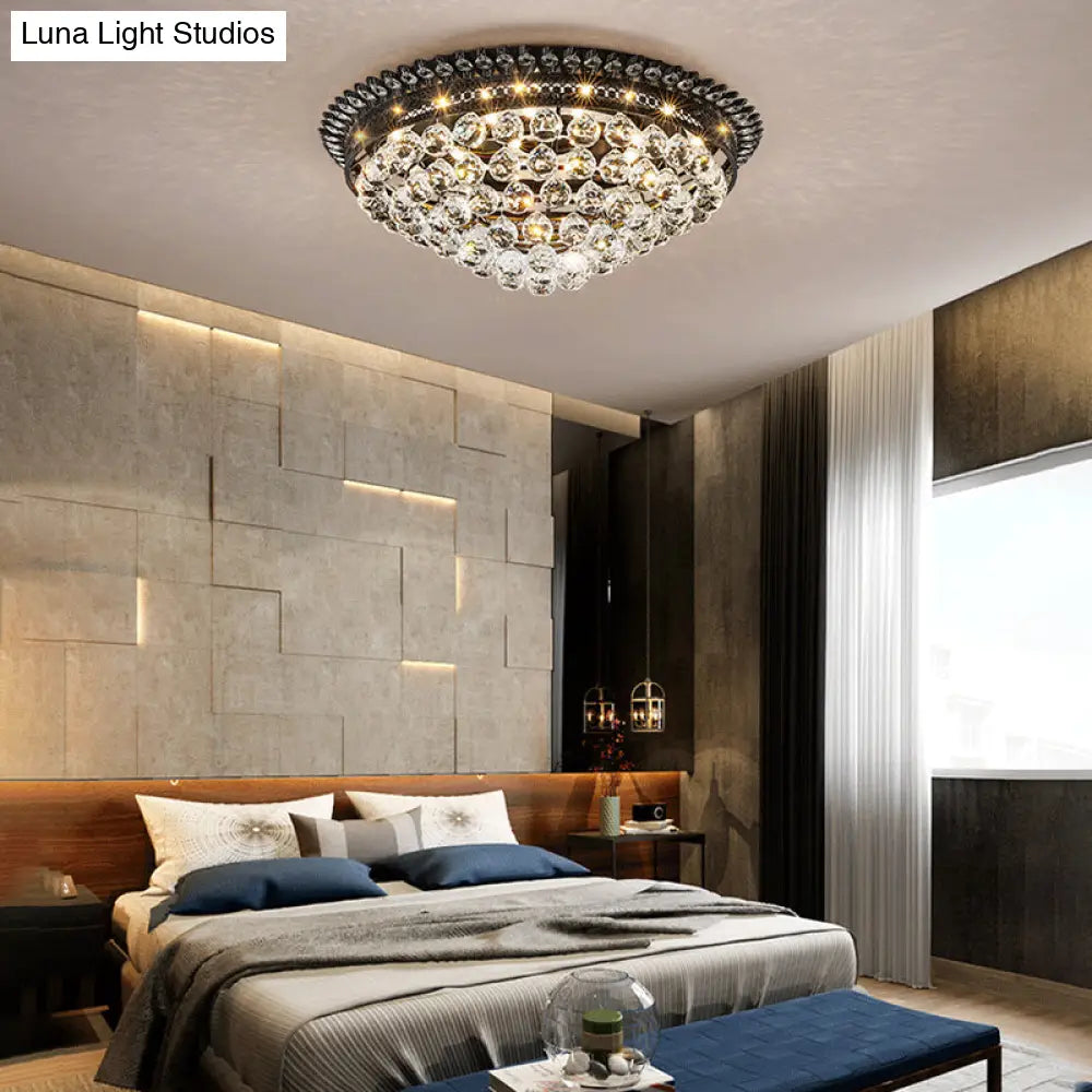 Modern Crystal Ball Led Flush Mount Lamp For Bedroom Ceiling - Black Dome Design