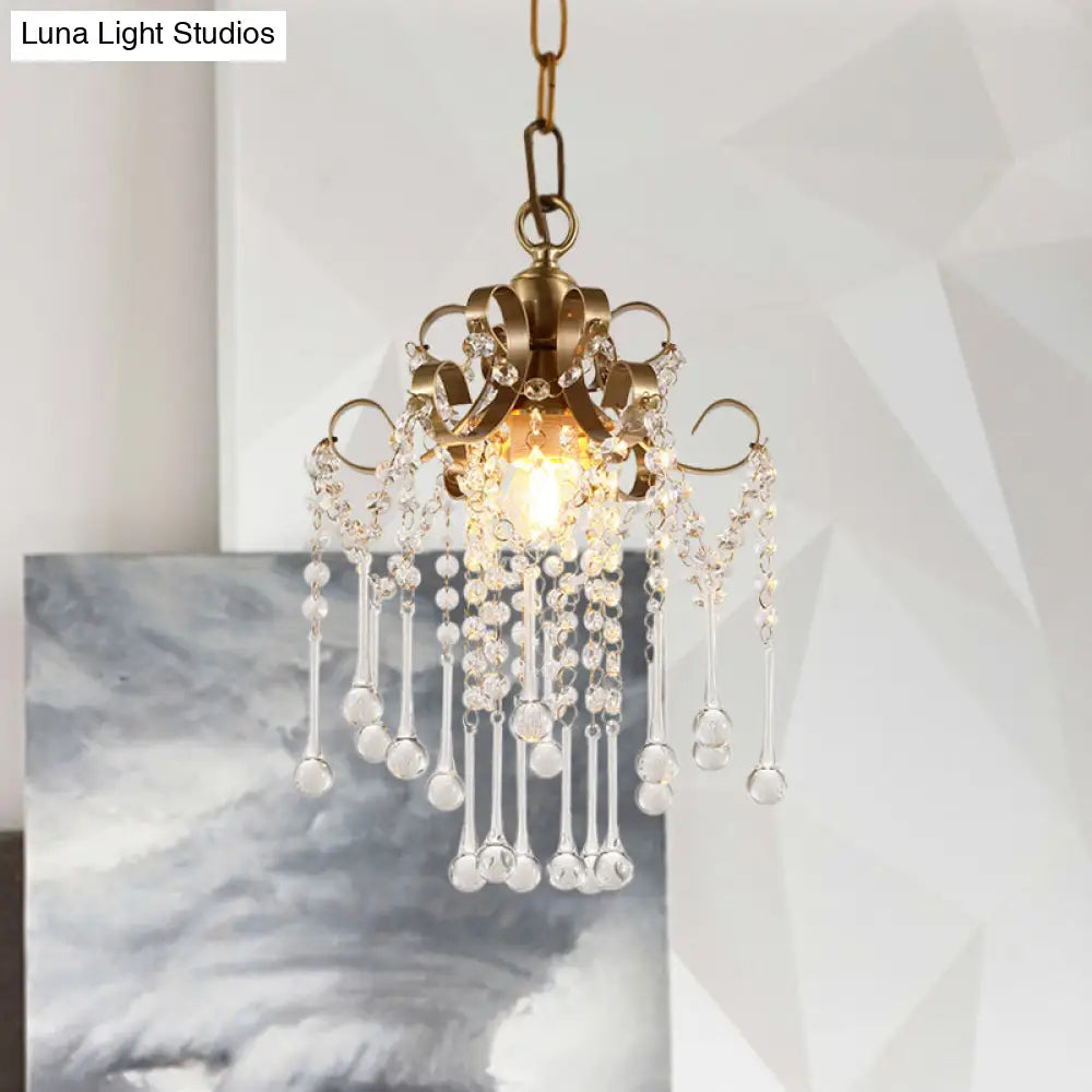 Modern Gold Curved Pendant Light With Crystal Beads - Bedchamber Ceiling Suspension Lamp