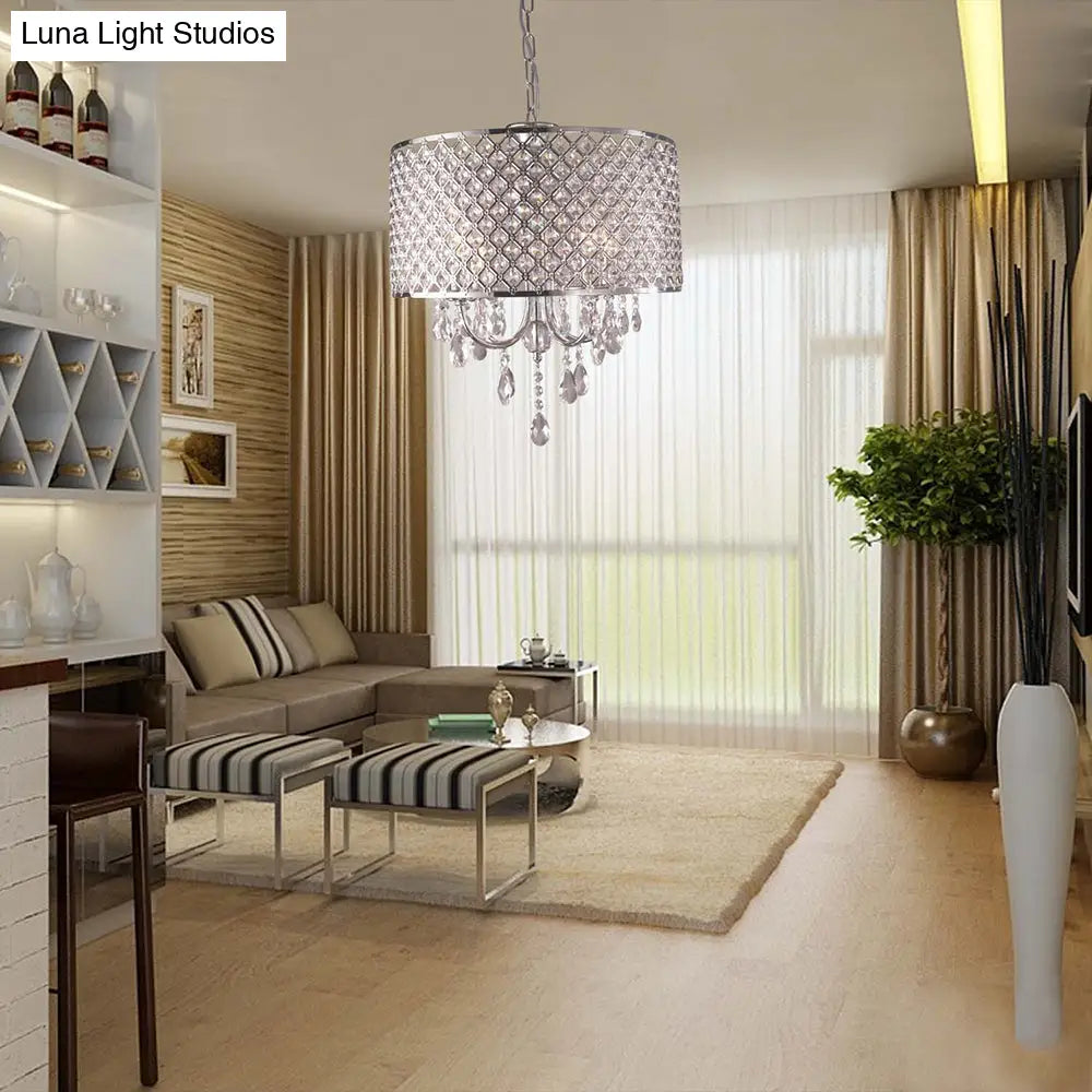 Modern Crystal Black/Chrome Pendant Drum Chandelier - 4 Lights Rustic Dining Room Light Fixture