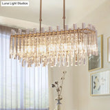 Modern Crystal Block 5-Light Chrome Chandelier - Rectangular Hanging Light Fixture For Dining Room