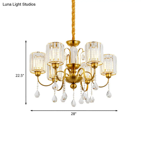 Modern Crystal Block 6-Light Cylinder Pendant Chandelier With Gold Finish - Ideal For Living Room
