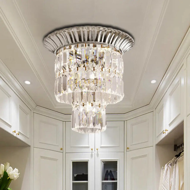 Modern Crystal Block Double Cylinder Shade Flush Ceiling Light - 5 Lights Chrome/Gold Chrome