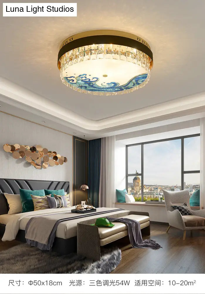 Modern Crystal Block Drum Flush Mount Led Ceiling Light For Bedroom In Brass Finish