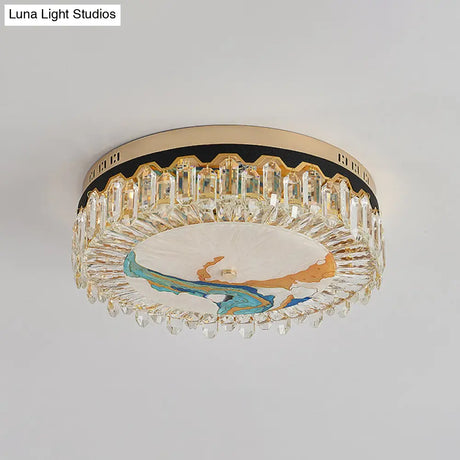 Modern Crystal Block Drum Flush Mount Led Ceiling Light For Bedroom In Brass Finish