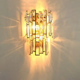Modern Crystal Block Wall Light With Golden Metal Frame - Flush Mount Sconce Lighting (2 Bulbs) Gold