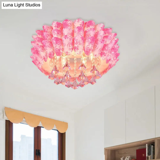 Modern Crystal Blossom Flush Mount Lamp With 5 Lights - Pink/Purple Ceiling Lighting For Bedroom