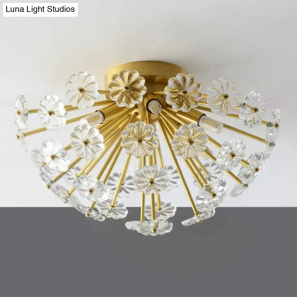 Modern Crystal Bouquet Semi Flush Mount Ceiling Lamp - Gold 3/5 Lights Bedroom Lighting