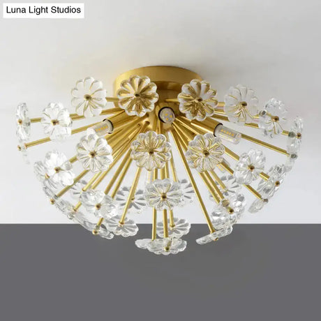 Modern Crystal Bouquet Semi Flush Mount Ceiling Lamp - Gold 3/5 Lights Bedroom Lighting