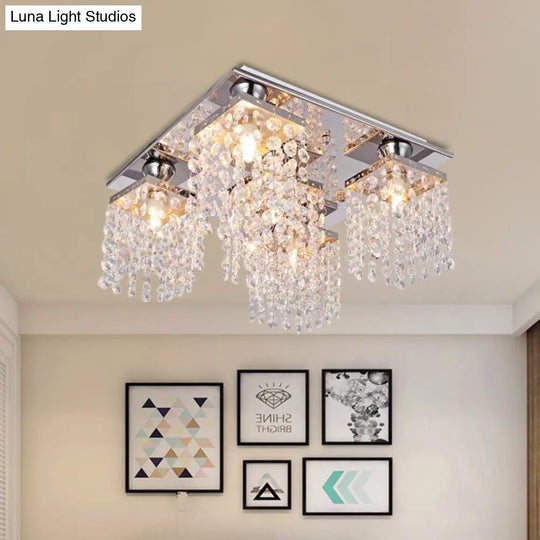 Modern Crystal Chain Ceiling Mount Light Fixture - 4-Light Flush For Living Room Clear