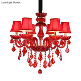 Modern Crystal Chandelier Pendant Light With Red Shade - 6/18 Lights 23.5/37.5 Wide