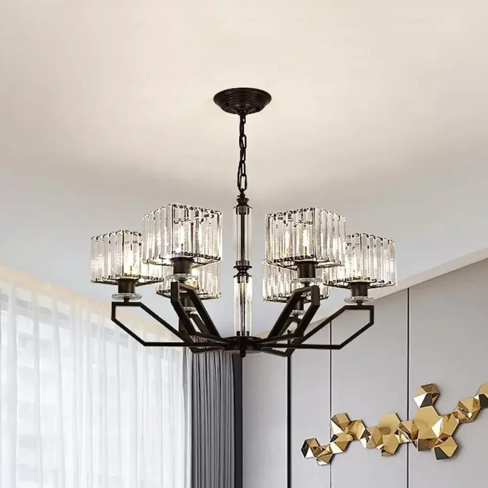 Modern Crystal Cuboid Chandelier 6 Light Ceiling Pendant Lamp in Black/Gold Black