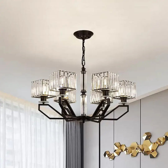 Modern Crystal Cuboid Chandelier 6 Light Ceiling Pendant Lamp in Black/Gold Black