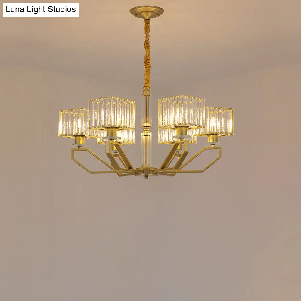 Modern Crystal Cuboid Chandelier 6 Light Ceiling Pendant Lamp in Black/Gold