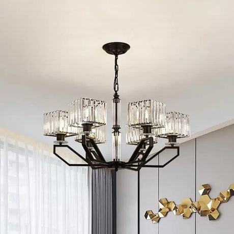 Modern Crystal Cuboid Chandelier 6 Light Ceiling Pendant Lamp in Black/Gold Black