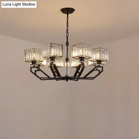 Modern Crystal Cuboid Chandelier 6 Light Ceiling Pendant Lamp in Black/Gold