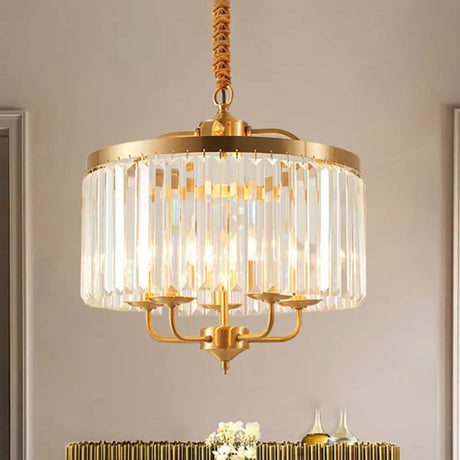 Modern Crystal Cylinder Chandelier Pendant Light - 4 Heads Brass Finish Curved Metal Arm