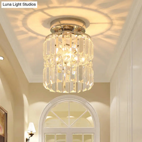 Modern Crystal Cylinder Flush Mount Ceiling Light For Hallway - Chrome Finish