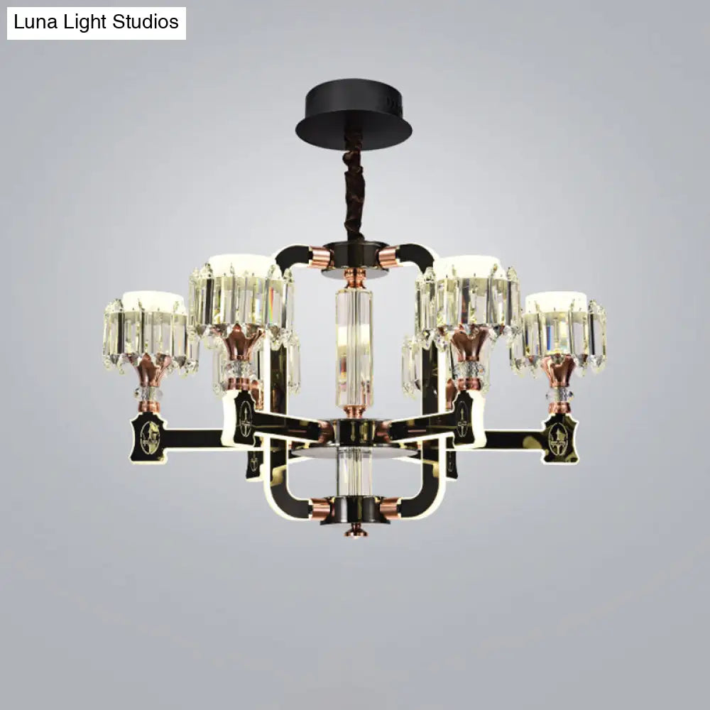 Modern Black Led Chandelier With Crystal Block Cylinder And 6/8 Bulbs