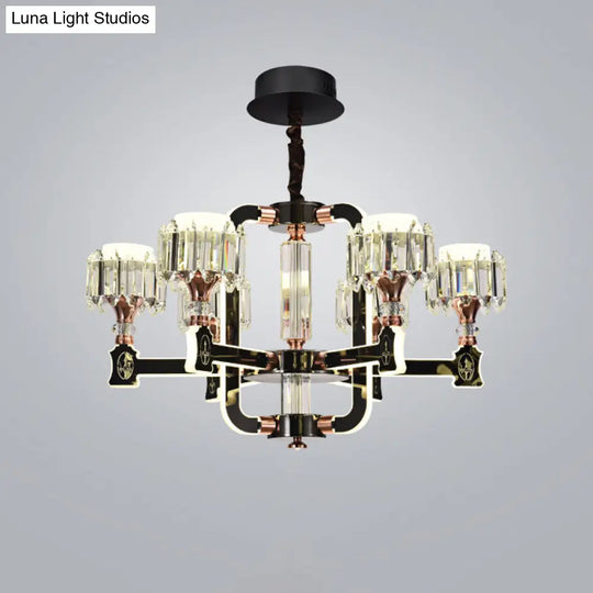 Modern Black Led Chandelier With Crystal Block Cylinder And 6/8 Bulbs