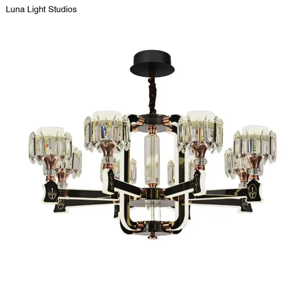 Modern Black Led Chandelier With Crystal Block Cylinder And 6/8 Bulbs
