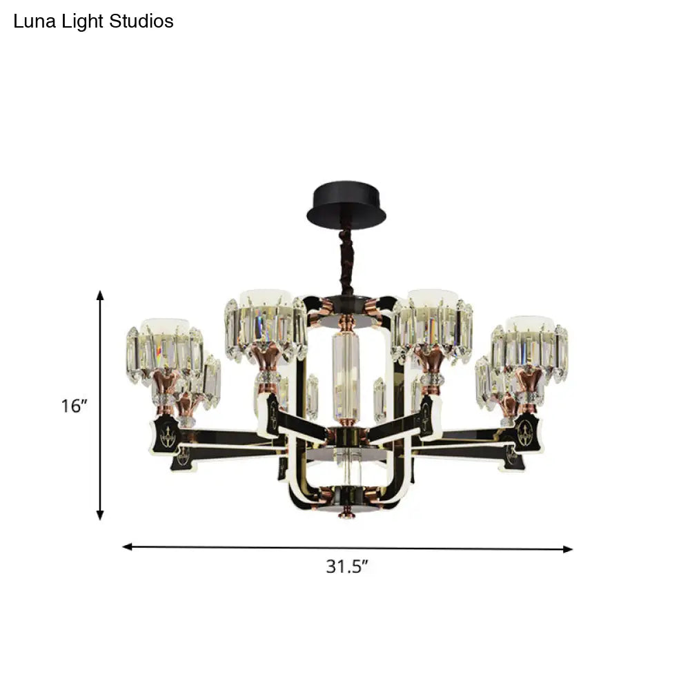 Modern Black Led Chandelier With Crystal Block Cylinder And 6/8 Bulbs