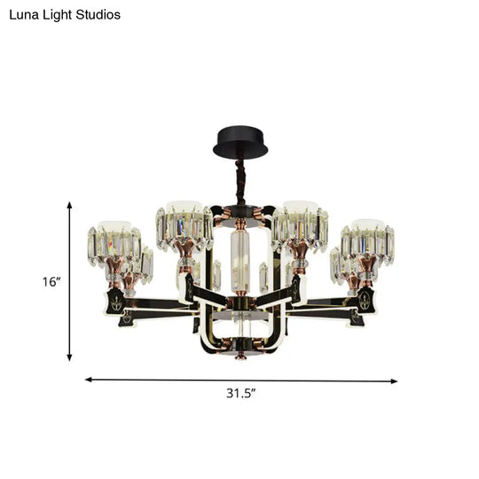 Modern Black Led Chandelier With Crystal Block Cylinder And 6/8 Bulbs